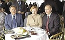 President Putin with his spouse Lyudmila and Kazakh counterpart Nursultan Nazarbayev watching the first races for the Russian President prize.