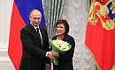 Ceremony for presenting state decorations. The Order for Services to the Fatherland II degree was awarded to Irina Rodnina, Deputy Chairperson of the State Duma Committee on International Affairs.