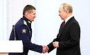 At the ceremony to present Gold Star medals to Heroes of Russia. With Major Alexander Volkov, Commander of the Special Forces Company of the 785th Separate Special Purpose Detachment of the 10th Separate Special Purpose Brigade of the Southern Military District. Photo: Sergei Karpukhin, TASS