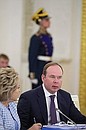 Chief of Staff of the Executive Office of the President of the Russian Federation Anton Vaino and Federation Council Speaker Valentina Matviyenko before the State Council meeting on the development of the national motorway system and ensuring road safety.