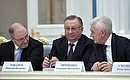 Chairman of AEON Corporation Board of Directors Roman Trotsenko, Transneft President Nikolai Tokarev and founder of the Volga Group Gennady Timchenko (from left to right) before the meeting with representatives of Russian business circles and associations.