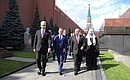 Prior to the gala concert marking the 870th anniversary of Moscow. From left: Mayor of Moscow Sergei Sobyanin, Prime Minister Dmitry Medvedev, Vladimir Putin and Patriarch Kirill of Moscow and All Russia.