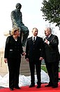At the unveiling of the monument to Fedor Dostoevskii. With the Federal Chancellor of Germany, Angela Merkel, and the Prime Minister of Saxony, Georg Milbradt.