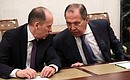 Director of the Federal Security Service Alexander Bortnikov and Foreign Minister Sergei Lavrov at the meeting with permanent members of the Security Council.