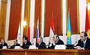 The Presidents Alexander Lukashenko of Belarus, Vladimir Putin of Russia, Emomali Rakhmonov of Tajikistan, Nursultan Nazarbayev of Kazakhstan, Askar Akayev of Kyrgyzstan, and Robert Kocharian of Armenia (left to right) at a press conference following the meeting of the Interstate Council of the Eurasian Economic Community (EurAsEC).