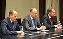 Before the meeting with permanent members of the Security Council. Left to right: Federal Security Service Director Alexander Bortnikov, Security Council Secretary Nikolai Patrushev and State Duma Speaker Sergei Naryshkin.