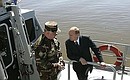 On board an escort vessel of the marine units of the Federal Security Service (FSB) Border Guards Service. With Vladimir Pronichev, first deputy director of the FSB and chief of the Border Guards service.