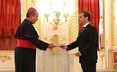 The new Apostolic Nuncio to the Russian Federation, Mgr. Ivan Jurkovic, presents his letter of credence.