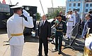 After visiting the Nakhimov Naval Academy, Vladimir Putin and Defence Minister Sergei Shoigu went on board the legendary Cruiser Aurora, a military glory monument and a museum ship moored near the Academy.