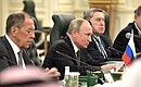 During Russian-Saudi talks. With Sergei Lavrov, Foreign Minister of Russia (left) and Yury Ushakov, Aide to the President.