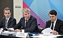 At the meeting on preparations for the 2019 Winter Universiade. Left to right: Minister of Communications and Mass Media Nikolai Nikiforov, Minister of Sport Pavel Kolobkov and Presidential Aide Igor Levitin.