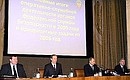 At a meeting of the board of the Federal Security Service. In the photograph on the President\'s left, from left to right: Prosecutor General Vladimir Ustinov, Director of the Federal Security Service Nikolai Patrushev; on the right, Chief of Staff of the Presidential Executive Office Sergei Sobianin.