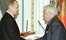 President Putin awarding State Prizes and President\'s Prizes. With writer Vladimir Voinovich.