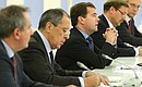 Russian Permanent Envoy to NATO Dmitry Rogozin, Russian Foreign Minister Sergei Lavrov, Dmitry Medvedev, Chairman of the State Duma International Affairs Committee Konstantin Kosachev, and Deputy Foreign Minister Alexander Grushko at meeting with participants in the Munich Conference on Security Policy.