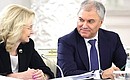 Deputy Prime Minister Tatyana Golikova and Speaker of the State Duma Vyacheslav Volodin at the State Council meeting on increasing the role and prestige of teachers and mentors. Photo: Mikhail Tereshenko, TASS