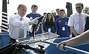 In the Bios Research and Production Centre for Sturgeon Breeding.The President participated in the International Camp for Schoolchildren from the Caspian Sea Region and Volga Region on Breeding Young Beluga Sturgeon in the Waters of the Volga and Caspian.