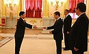 Церемония вручения верительных грамот послами иностранных государств. Верительную грамоту Президенту России вручает посол Республики Корея Ли Юнхо.