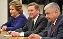 Before the meeting with permanent members of the Security Council. Left to right: Federation Council Speaker Valentina Matviyenko, Chief of Staff of the Presidential Executive Office Sergei Ivanov and Interior Minister Vladimir Kolokoltsev.