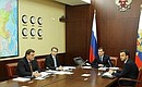 Meeting on implementing presidential instructions. From left to right: Presidential Aide and Head of the Presidential Control Directorate Konstantin Chuychenko, Chief of Staff of the Presidential Executive Office Sergei Naryshkin, Dmitry Medvedev, Presidential Aide Arkady Dvorkovich.