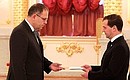 Presentation by foreign ambassadors of their letters of credence. Dmitry Medvedev receives a letter of credence from Ambassador of the Grand Duchy of Luxembourg Pierre Aloyse Joseph Ferring.