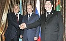 During the three-party talks: on the left, President of Kazakhstan Nursultan Nazarbaev and, on the right, President of Turkmenistan Gurbanguly Berdymukhammedov.