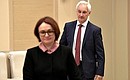 Before the meeting on economic matters. Central Bank Governor Elvira Nabiullina and Presidential Aide Andrei Belousov.