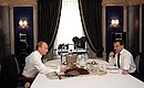 After their meeting, Mr Medvedev and Mr Putin continued their discussions over a working dinner. The Prime Minister, who earlier in the day visited the Golden Autumn 2010 agriculture exhibition, treated the President to bread and milk that he was given as gifts by the agricultural producers.