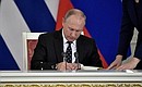 Vladimir Putin and Miguel Diaz-Canel Bermudez signed a statement on common approaches to international affairs.