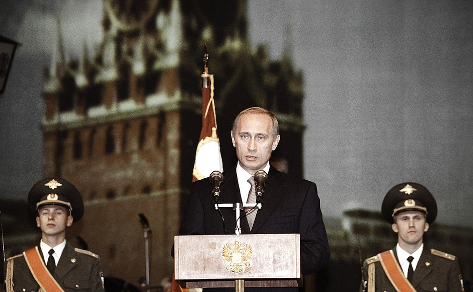 Vladimir Putin speaking at an official event celebrating the Police Day professional holiday.